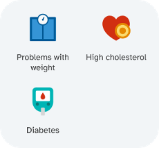 Grid showing icons for problems with weight, high cholesterol, and diabetes.